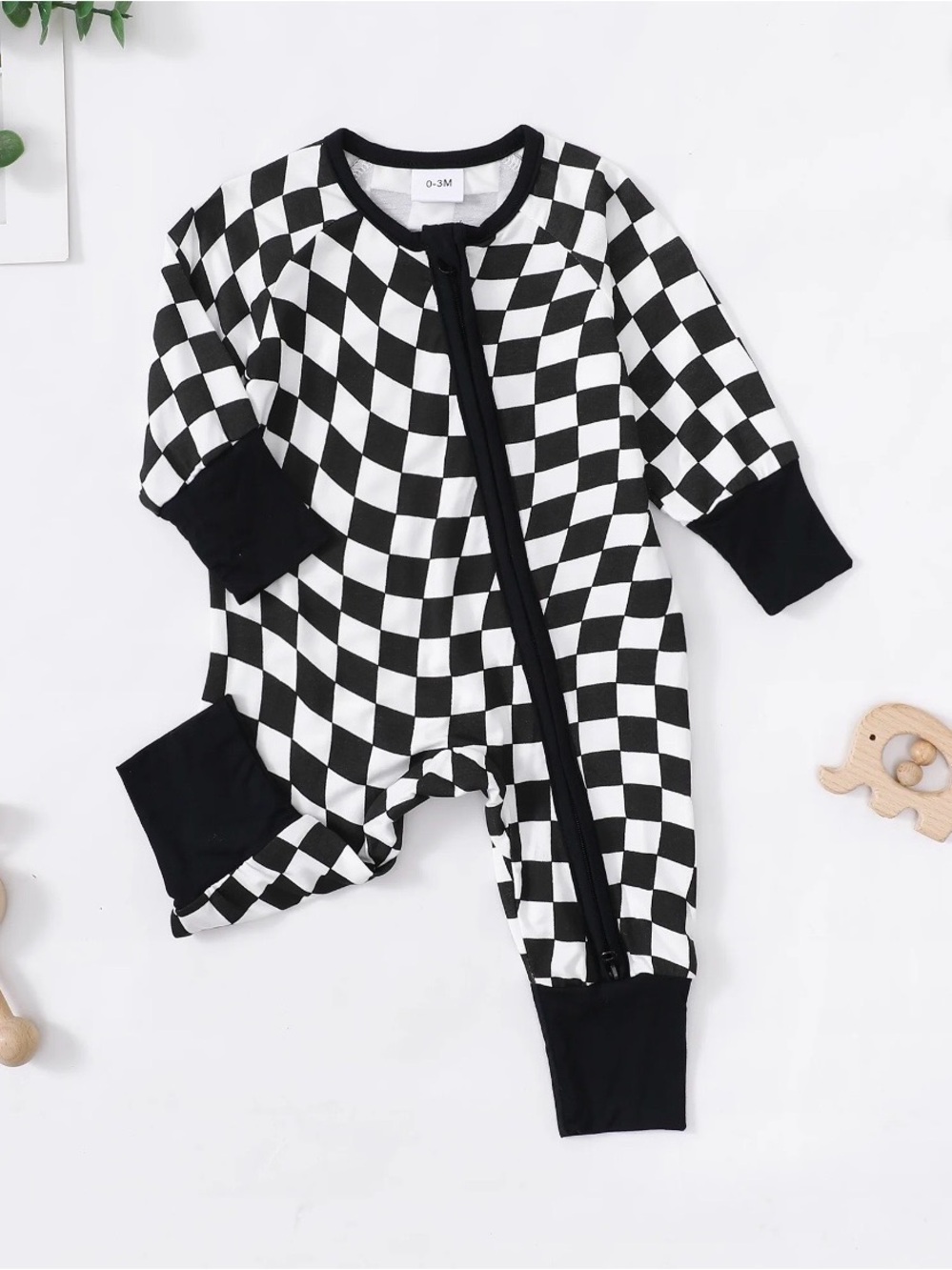 Bamboo Checkered One Piece Double Zipper Jumpsuit